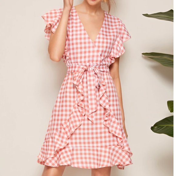 SHEIN Dresses & Skirts - SHEIN | Surplice Neck Ruffle Trim Gingham Belted Dress